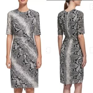 Whistles Silk Pleated Ruched Short Sleeve Snake Print Full Zip Up Sheath Dress